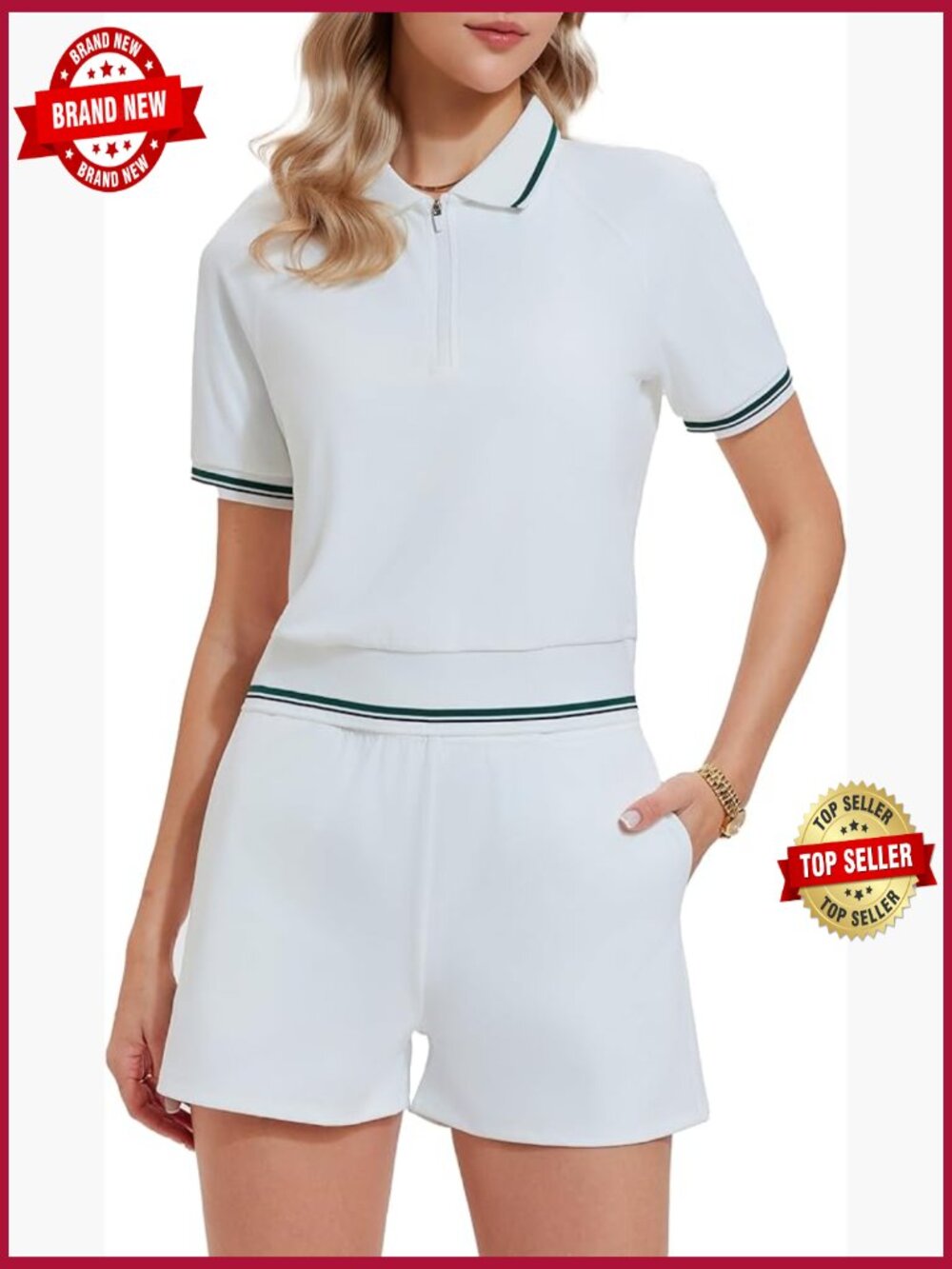 2 Piece Half Zip Collared Short Set with Pockets Tennis Golf Travel Workout